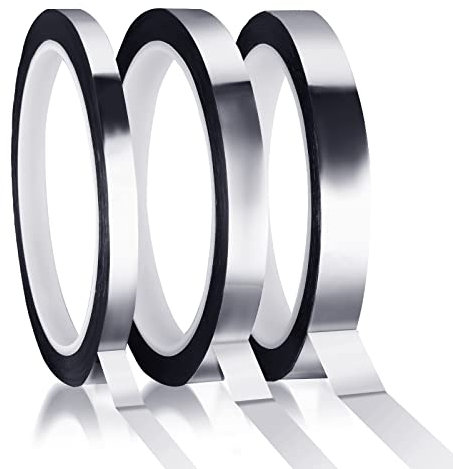Thinp 3 Rolls Metallic Mirror Tape, 1/4 Inch 3/8 Inch 1/2 Inch 3 Sizes 55 Yards Art Graphic Tape Self Adhesive Polyester Film Tape Masking Tape for Crafts Decoration and Gifts Wrapping (Silver)