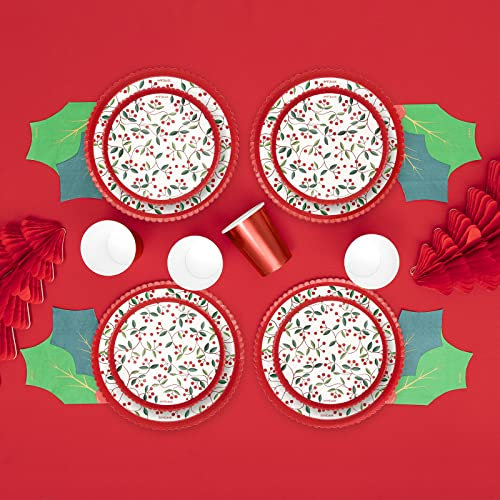 Horeca Collection Kit Vajilla de cartón Desechable con decoración de Navidad en Color Rojo y Estampado de Acebo para 6 Personas – Pack Navidad para 6 Personas. Decoración Navidad Mesa.
