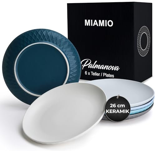 MIAMIO – Juego de 6 Platos/Vajilla moderna de cerámica/Gres - Colección Palmanova (26 cm, Azul)