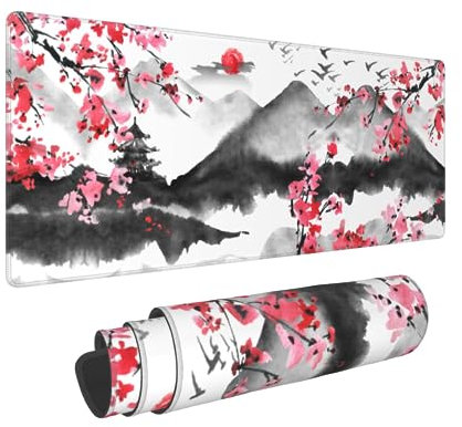 Japanese Cherry Blossom Gaming Mouse Pad 31.5 X 11.8 Inch XL Pink Watercolor Design Mousepad Extended Large Laptop Keyboard Mouse Mat Non-Slip Rubber Base with Stitched Edges for Home Office