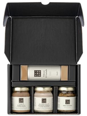 Set degustazione prestigio nero composta da Polvere di Tartufo Crema di Funghi, Porcini e Tartufo Bianco, Specialità Parmigiano e Tartufo, Salsa tartufata
