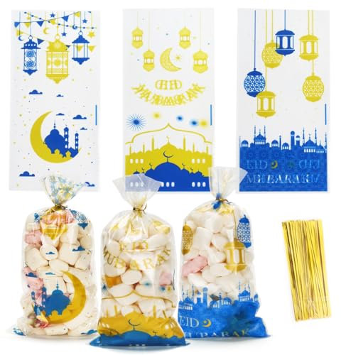105 Stück Eid Mubarak Plätzchentüten, Ramadan Thema Süßigkeiten Tüten mit Twist Krawatten, 3 Muster Ramazan Bonbons Geschenk Tasche, Moschee Laterne Cellophantüten Klar für Eid Mubarak Party