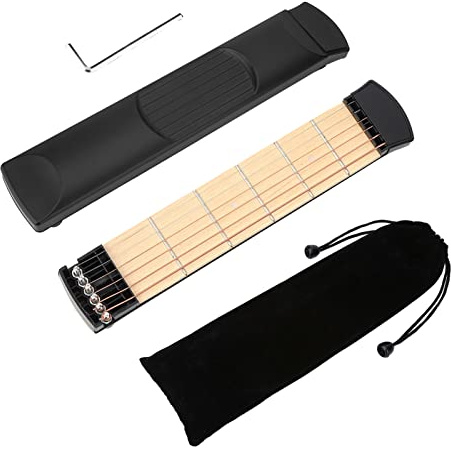 Taschengitarren Übungswerkzeug, Tragbar 6-Bund Linkshänder Gitarrenakkord Trainer mit Stimmschlüssel, Mini Gitarren Übungshals für Anfänger Gitarristen, Holz für Gitarrenübungen und Fingerfertigkeit