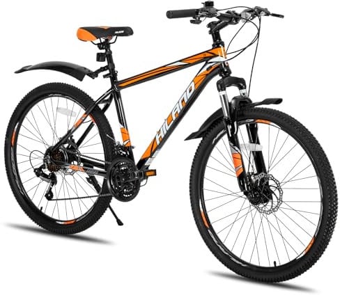 Hiland Mountainbike, Mehrspeichen, 21 Gänge Schaltung, Aluminium Rahmen 26 Zoll Laufräder, Scheibenbremse Fahrrad für Männer Frauen Herren MTB-Fahrrad Orange