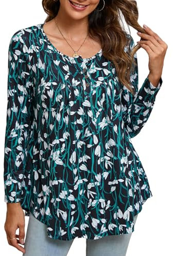 Enmain Tunic Tops for Women UK Long Sleeve Plus Size Tunic Tops Ladies Tops Loose T Shirt Buttons Up Floral Printed,L3-Black Flower,XL