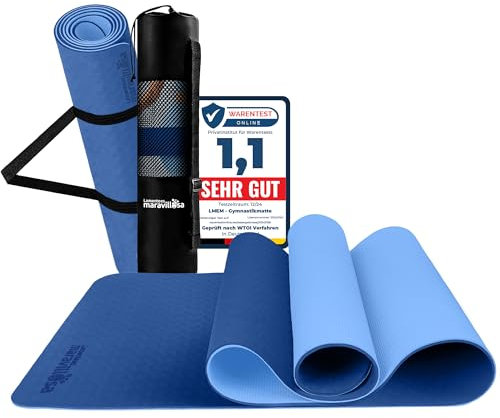 LA MENTE ES MARAVILLOSA - Gymnastikmatte, Rutschfest Yogamatte inkl. Tragegurt + Tasche + Übungs-E-Book, Hautfreundliches TPE für Fitness/Pilates/Workout 183x61 cm (Dunkel/Hellblau ohne Design)
