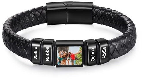 ALBERTBAND Personalisierte Armbänder für Männer Lederarmband mit Namen Foto Gravur Geschenke für Männer Papa Ehemann Freund Großvater (Schwarz-4 name)