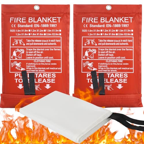 2 Pièces Couverture d'urgence Ignifugée, Couvertures Anti-Feu Ignifuge pour Maison Cuisine, 100x100CM Couverture D'Incendie de Secours de Fibre de Verre pour Bureau Camping Fourneau Garage