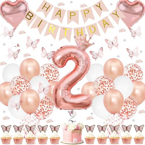 Xietaea Roségold Geburtstagsdeko 2 Jahre Mädchen - Deko 2. Geburtstag Luftballons Happy Birthday Girlande, Schmetterlinge Dekoration Konfetti Tortendeko für Kindergeburtstag