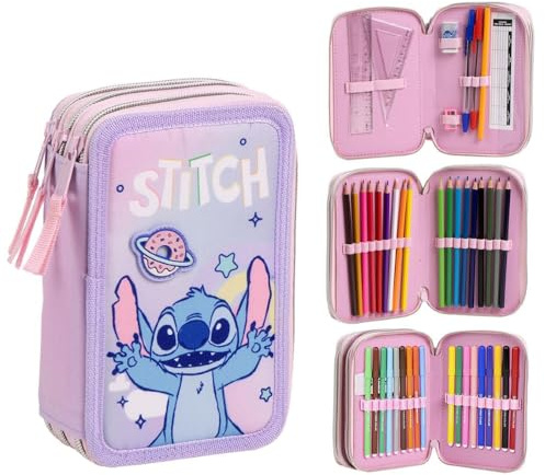CARTOON Trousse scolaire 3 zip triple multicompartiment complet 44 pièces couleurs giotto papeterie pour enfants, Stitch, trousse