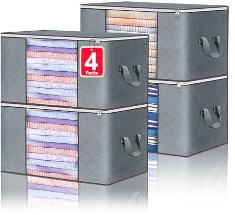 4 Packs 90L Clothes Storage Bags, Foldable Clothing Storage Bags Organizer, Large Storage Box with Zips & Reinforced Handle & Clear Window for Bedding,Blankets & Comforters Grey