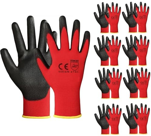 A406 12 Pairs Red Black Nitrile Coated Gloves Nylon Safety Work Gloves Garden Gloves Builders Gloves Mens Gardenin (XX-Large/11)