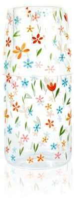 Curator Home Glass Water Carafe with Tumbler Lid | Decorative Printed Glass | Curator Home (Floral)