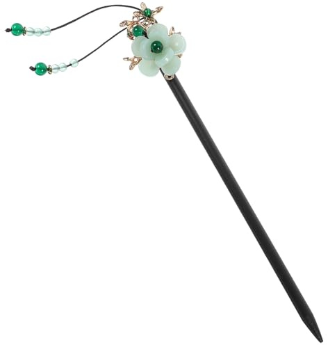 SHOWERORO Palillo Chino Cabello de Madera Flores y Borlas, Accesorio Decorativo Vintage para Moños, Color Ámbar Verde, Adecuado para Fiestas, Cosplay y Uso Diario, Diseño Tradicional Chino