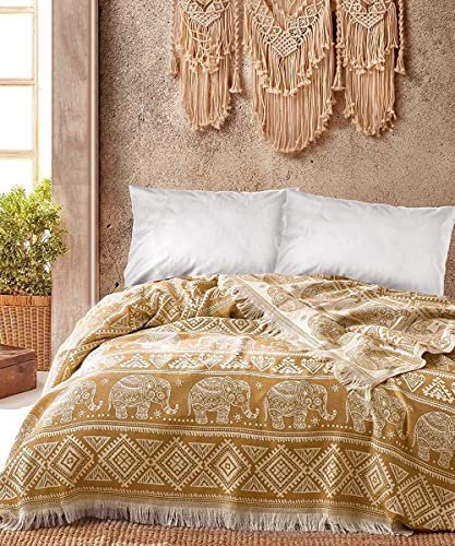 BOHORIA® Premium Tagesdecke Bali | 100% Baumwolle | Oeko-Tex® | Bettüberwurf Wohndecke Wendedecke Sofadecke mit Muster | extra-groß 220 x 240 cm (Elephant Tuscan Sun)
