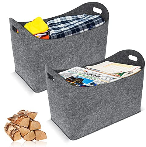LZQ Lot de 2 paniers à bûches XXL avec poignées renforcées - Pour bois de cheminée - En feutre - Gris clair