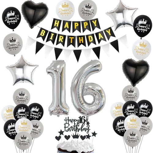 Luftballon 16. Geburtstag Dekoration Schwarz Silber Tortendeko Geburtstag 16 Jahre Junge kuchen deko 16 Mädchen Junge,ballon 16. Mädchen,Geburtstagsdeko 16 Jahre