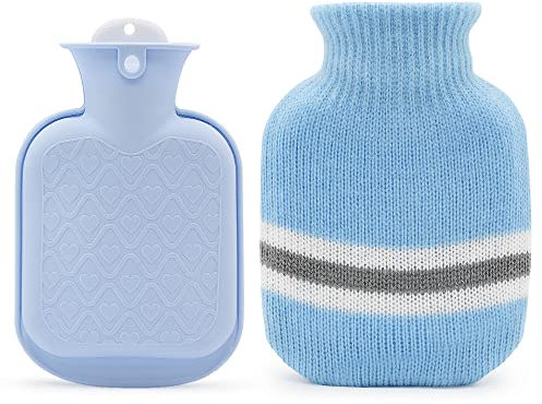 Hot Water Bottle with Knitted Cover, 300ml Small Hot Water Bag for Pain Relief, Back, Neck and Shoulders, Mini Hot Water Bottle with Removable and Washable Soft Cover, Best Gift for Women, Kids