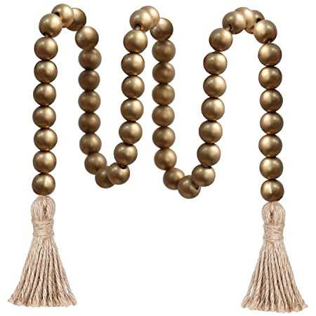 Meplait 100cm Holzperlengirlande Bauernhaus Perlen mit Quasten,Rustikale Landhausdekoration Gebetsperlen Boho-Chic Wandbehang Heimdekoration (Gold)