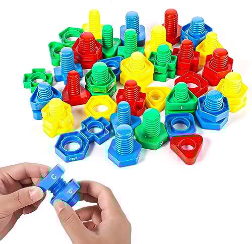 TOYMIS 26 Pairs Letters Learning Matching Game Nuts and Bolts Stacking Toys Colorful Multi-Shapes Alphabet Matching Game Montessori Educational Toys for Toddlers & Kids (Ages 3-6, 52 Pieces)