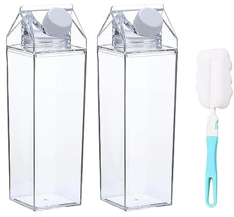 QISF 2 Pack Milk Carton Water Bottle 1000ml, Clear Square Milk Bottles, Portable Juice Container, Reusable Creative Eco Leakproof With Brushes for Camping Activities Outdoor Sports Travel