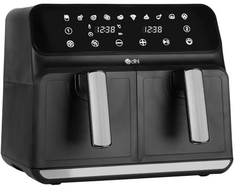 Dihl 8L Double Air Fryer Black, 2 x 4L Independent Baskets, Dual Zone Air Fryer, Family Size Healthy Oil-Free Air Fryer Oven 10 Pre-Sets & Digital LED Display, 1700W