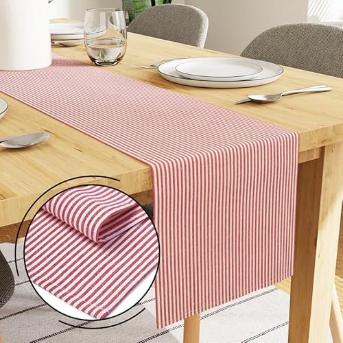 Encasa XO Baumwoll-Tischläufer 8 Seater | Größe 32x240 cm | Ticking Red - Maschinenwaschbar & Langlebig
