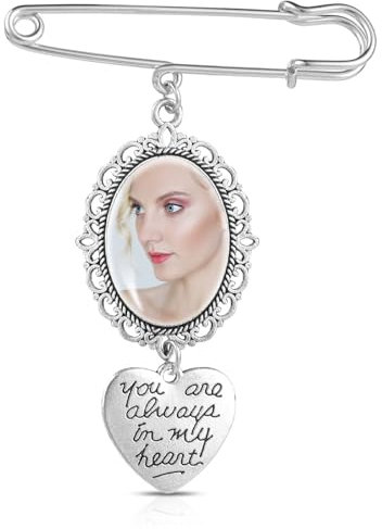 COMNICO Memorial Anhänger Hochzeitsstrauß-Foto-Charm Spitzen Rahmen DIY Pin Brosche Herstellungsset Einzelne Ovale Glas-Cabochons Bilderrahmen mit Herz-Anhänger für Hochzeitserinnerung, Beerdigung