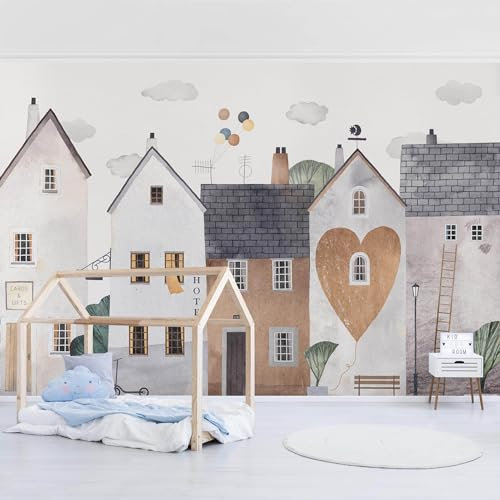 Bilderwelten Fototapete Kinderzimmer 320 x 480 cm Kinder Kindertapete Aquarell Häuser Stadt Selbstklebende Tapete Wandtapete Wanddekoration