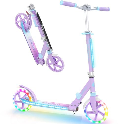 BELEEV Big Wheel Scooter mit LED Leuchtenden Lenksäule, Deck, Wheels, Höhenverstellbar, ABEC-9, 200mm Räder,Federung,Tragegurt, Faltbare Cityroller Kinder ab 6 Jahre,Jugendliche,Erwachsene, Tretroller