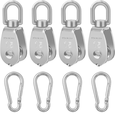 BuxiuGK 8 Piezas Juego de Poleas para Cuerda,4 M15 Polea de Acero Inoxidable 304 con 4 Clip de Mosquetón M4,Rotación 360°Poleas para cables 6 mm de diámetro,Carga 35 kg