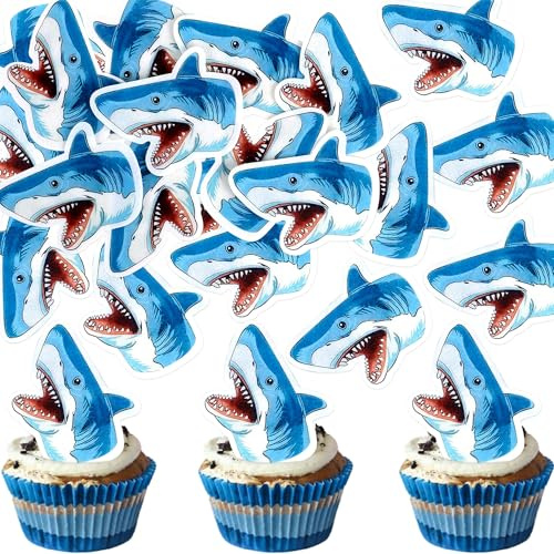 Blumomon 48Stück Essbare Hai Haikopf Kuchen Deko Shark Cupcake Topper Meeresthemen Meerestiere Geburtstagstorte Topper Unter dem Meer Party Supplies Kuchen Dekoration Ocean Party
