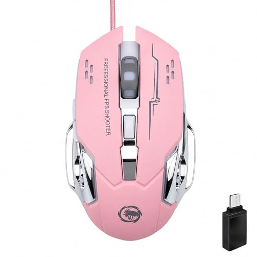 Wowssyo Kabelgebundene Maus, RGB Beleuchtung, USB Kabelmaus mit Funktions-Seitentasten, Ergonomische Computermaus, 1200-2400-3600 DPI – für PC, Laptop, Computer - Rosa