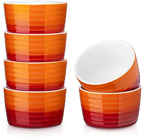 MALACASA, Serie Ramekin.Dish, Creme Brulee Schälchen 6 Set, 300ml Keramik Souffle Förmchen zum Backen, Souffleeförmchen Backofenfest,Ofenfeste Creme Brulee Schalen, Mini Auflaufform Orange