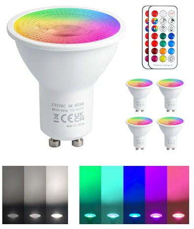 REYLAX Bombillas LED Colores GU10 de 5W, RGB Blanco Frío Regulable Bombilla con Mando a Distancia, Focos LED RGBW 12 Colore, AC 85-265V, Función de Memoria y Sincronización (paquete de 4)