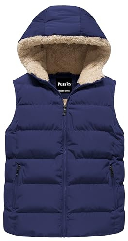 Pursky Boy's Snow Sleeveless Vest Hoodie Winter Warm Vest Coat Sherpa Lined Puffer Ski Sleeveless Jacket Navy 14-16