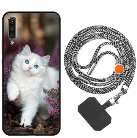 vingarshern Coque Compatible avec Samsung Galaxy A50 Antichoc Silicone Bumper Case Étui de Protection Housse Coque avec Motif,Souple Coque avec Cordon Detachable,Chat Blanc