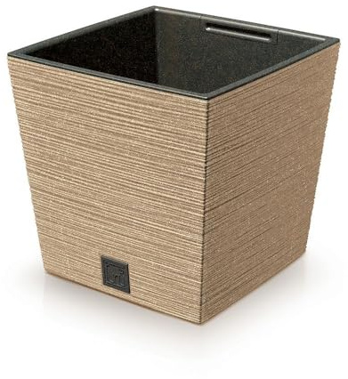 Prosperplast 2in1 Blumentopf mit Innenkübel Blumenkasten Pflanzentopf Übertopf Kunststoff Holz Meißel Optik 24 cm x 24 cm x 23,5 cm (Braun)
