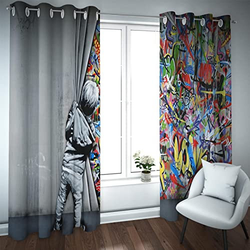 OUSHION ART Banksy Stil Kleiner Junge Hinter Vorhang Bunter Vorhang Wohnzimmer Fenster Vorhänge Behandlung Stoff 2 Paneele Thermovorhänge H 242 x B 107 cm