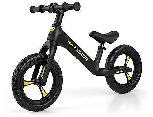 Milly Mally Ranger Pink Kinder Laufrad ab 2 Jahre bis zu 25 kg, 12 Zoll Räder, Sattel höhenverstellbar, Ultraleicht, Lauflernrad Spielzeug, Erstes Fahrrad ohne Pedal (Black)
