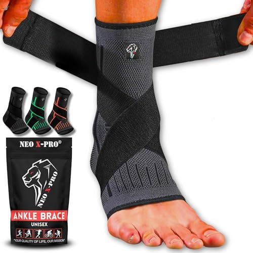 NEO X-PRO Sprunggelenkbandage - Einstellbares Fußbandage - Flexible knöchelbandage - Ultradünn Fußgelenkbandage - Komfortabel - Rechte und Linke Fußgelenk - Damen und Herren (L, Schwarz)