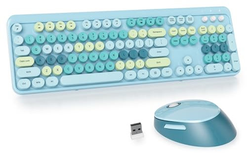 SOLIDEE Combo Tastiera e Mouse Wireless,tastiera macchina da scrivere retro,Tastiera per Computer con Tasti Rotondi 2.4GHz con Tastierino Numerico,Tastiera a 104 Tasti(Americana QWERTY)(Mixed Blue)
