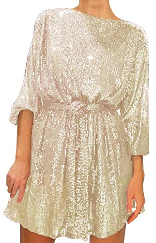 Pailettenkleider für Damen Partykleid Hochzeit Glitzer Cocktailkleid Elegant Sexy Hochzeitskleid Festlich Party Pailletten Frauen Kleider Glitzerkleid Abendkleid Silvester Outfit (1-Gold, L)