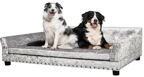 BingoPaw Large Dog Sofa Couch: Luxury Velvet Upholstered Pet Sofa Lounge Bed for Large Dogs - Wooden Frame Raised Puppy Chair with Comfortable Cushion Mat Grey XL(120x74cm)