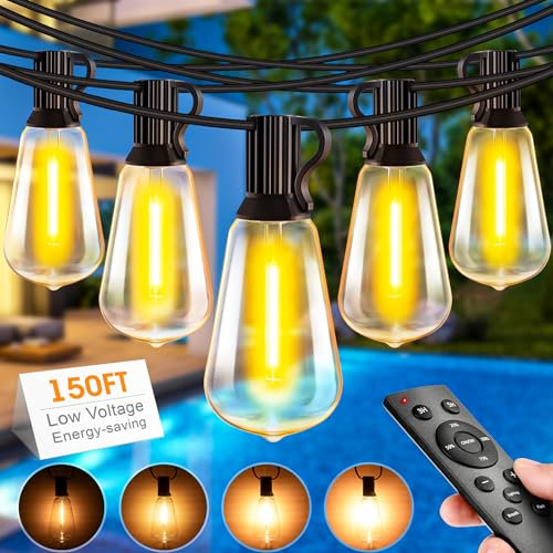 Light-Brightly 45m/150FT Catena Luminosa Esterno con Telecomando, Luci da Esterno Giardino Dimmerabile con 58+2 ST38 LED Lampadine di Ricambio 2700K per Illuminazione Gazebo Esterno Patio Jardin