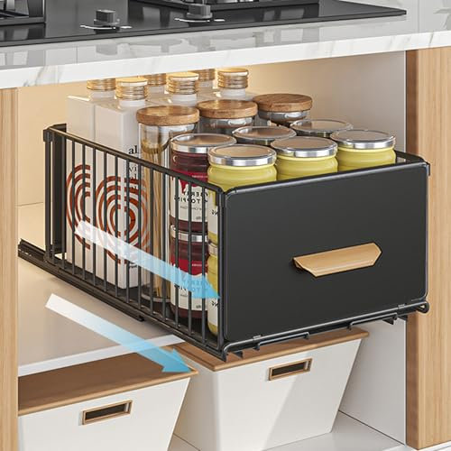 Kongming Ausziehbare Schublade Küche 1 Stück Metall Teleskopschublade zum Nachrüsten Ausziehbarer Schrank Organizer mit Griff & Schienen, Kein Bohren und Nageln Erforderlich, Schwarz, 24*40*18cm