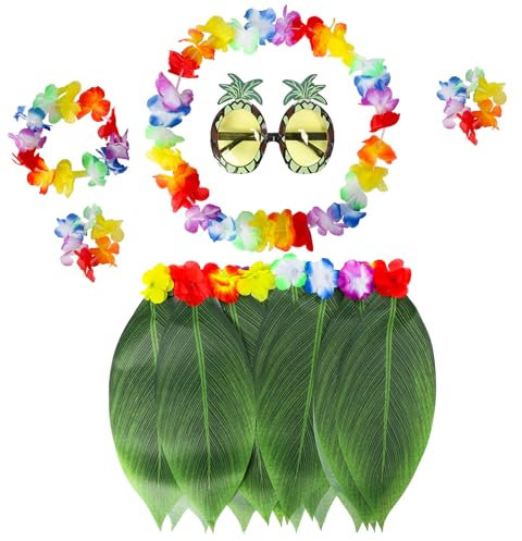 LAMEK 6 TLG Hawaii Kostüm Set Blätterrock Party Accessoires Hula Palmblätter Rock Hawaiian Grasrock mit Blumen Kette Ananas Sonnenbrille Partyskostüm für Sommer Tropische Party Beachparty Strandtanz