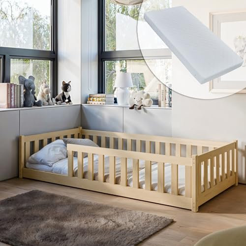 Kinderbett Bodenbett 80x160 cm Bett mit Matratze, Rausfallschutz & Lattenrost Montessori Bett Bed Gitterbett Kinder Jugendbett Einzelbett komplett Set | Natur Kiefer Holz massiv Junge Mädchen