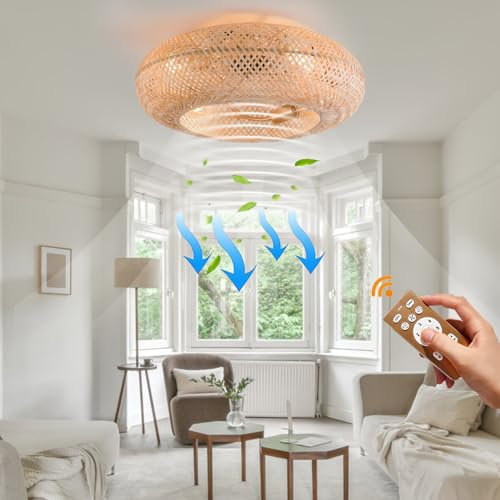 CCAUUB 20 Zoll Käfig Rattan Gewebt Deckenventilator, Reversible Bauernhaus Deckenventilator mit Fernbedienung, mit Beleuchtung & Timer-Funktion, 6 Geschwindigkeiten Deckenventilator Beleuchtung