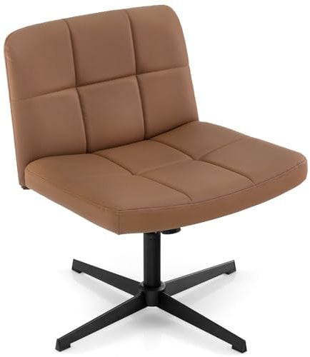 COSTWAY Armless Office Chair, PU Leather Upholstered Cross Legged Computer Desk Chair, Height Adjustable Wide Seat Swivel Vanity Chair for Home Office (no Wheels, Brown)